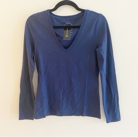 INC Navy Blue V Neck Long Sleeve Top Tshirt Tee 100% Cotton Essentials Women S - Picture 3 of 7